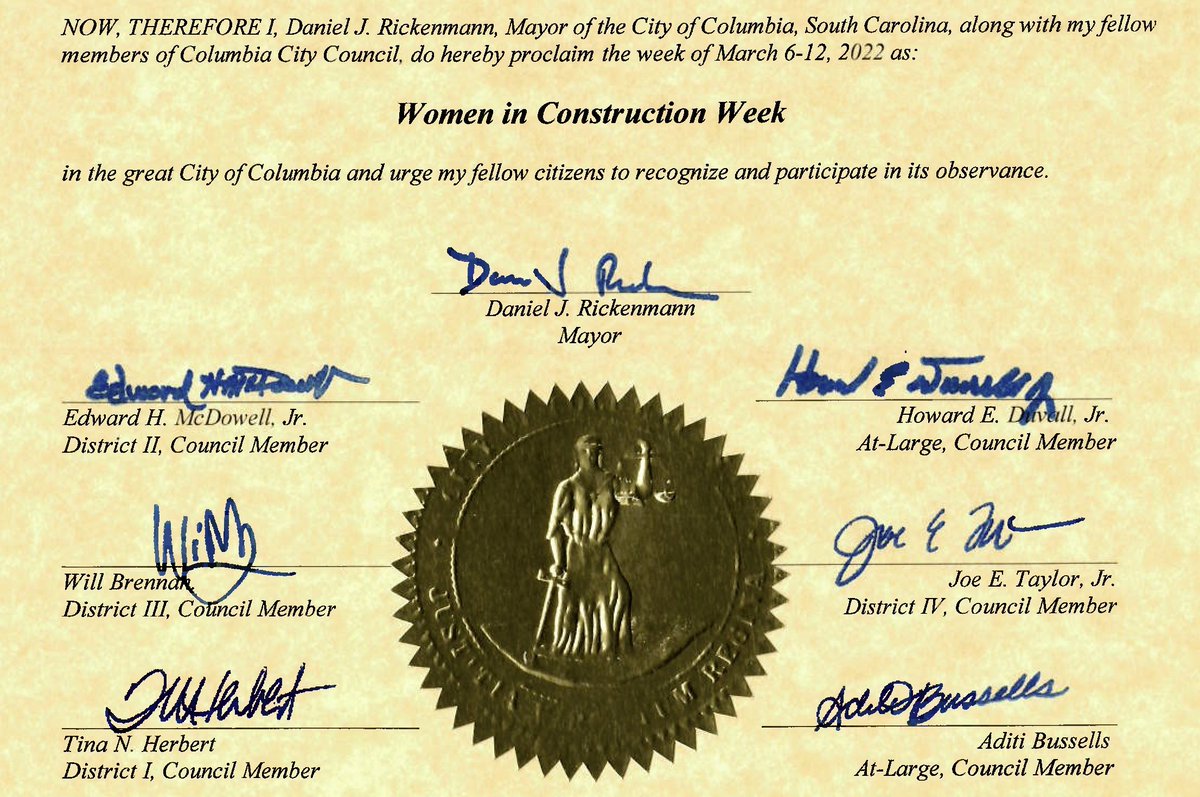 IT'S OFFICIAL! <a href="/wearecolumbia/">Public Relations</a> has proclaimed the week of March 6-12, 2022 as Women in Construction Week! We are honored to be recognized, and excited to continue celebrating throughout the week 🎉

#WICWeek2022 #NAWIC113 #WomenInConstructionWeek