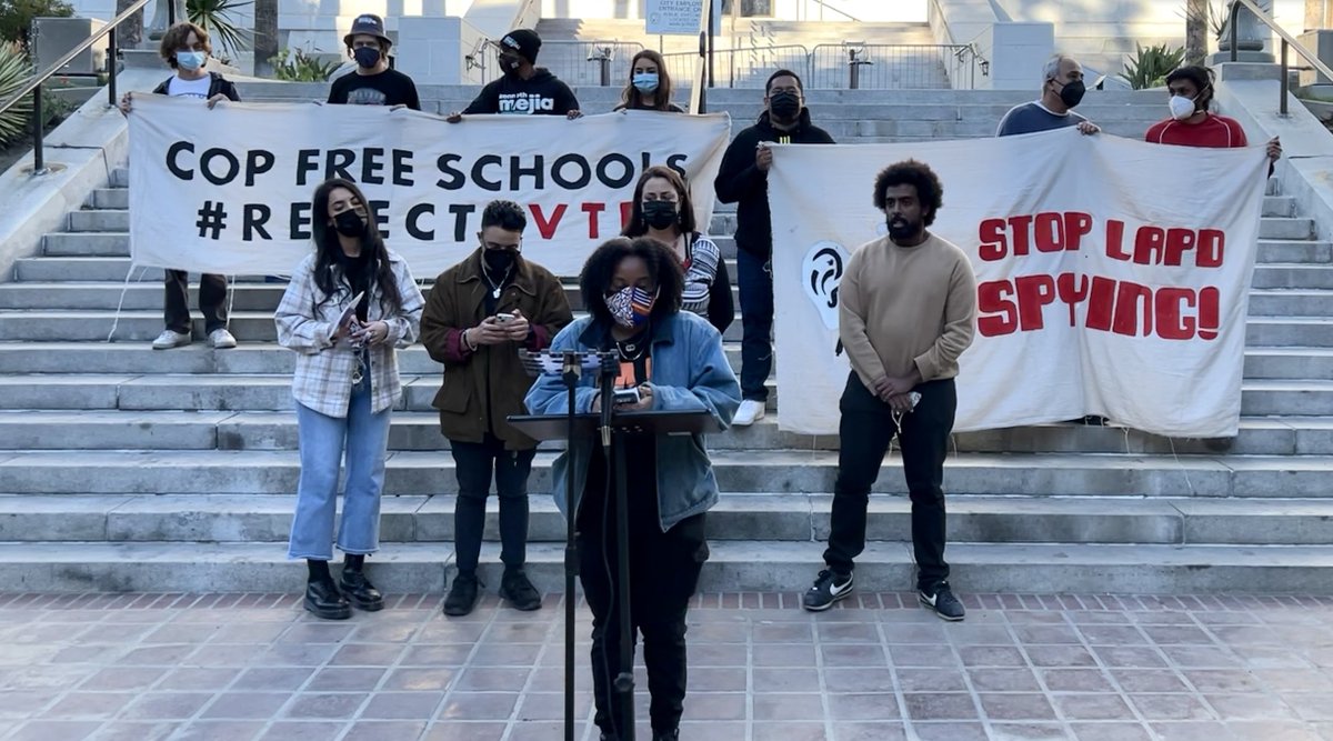 PplsCityCouncil's tweet photo. We were out there yesterday with @stoplapdspying @BAJItweet and local youth activists voicing their concerns to this TVTP grant.
"our communities need teachers, not surveillance!" - @marakyadey #RejectTVTP
https://t.co/F0gMKdPaew https://t.co/KtD2c1FCLm