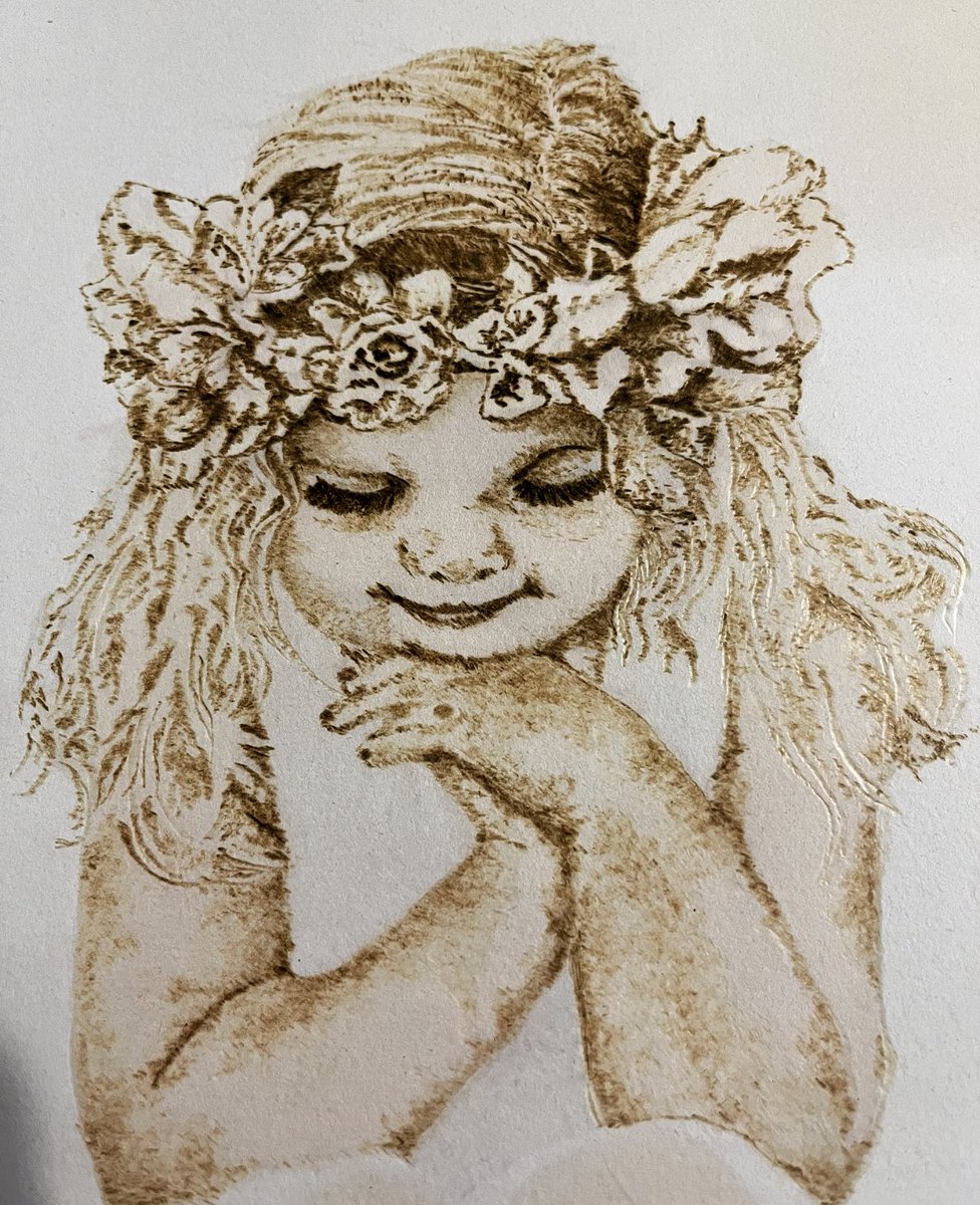 michell11708789's tweet photo. My latest WIP pyrography on paper thought I’d try something a little different. Still a few more hours work left to do #comissionsopen #pyrography #wip #flowergirl #artist #handmade #nolazeretching #pyrographyonpaper https://t.co/o8lRK6OxNN