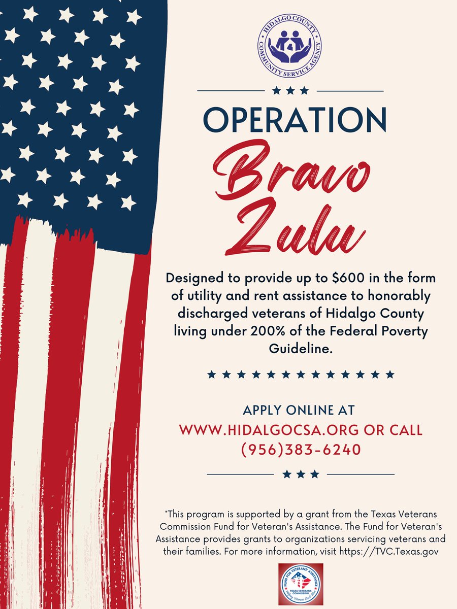Are you an honorably discharged veteran in need of utility or rent assistance? The Operation Bravo Zulu Program can help! 🇺🇸

Apply online at hidalgocsa.org 💻

Click on the ‘Veteran Assistance’ tab on the main page to access the application and program details.