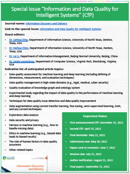 Ismini_L's tweet image. Looking forward to the special issue on Information and Data Quality for Intelligent Systems, bringing AI and information science researchers together to propose data quality solutions and discuss new research directions. Submissions due May&apos;22 #dataquality #dataqualitymanagement