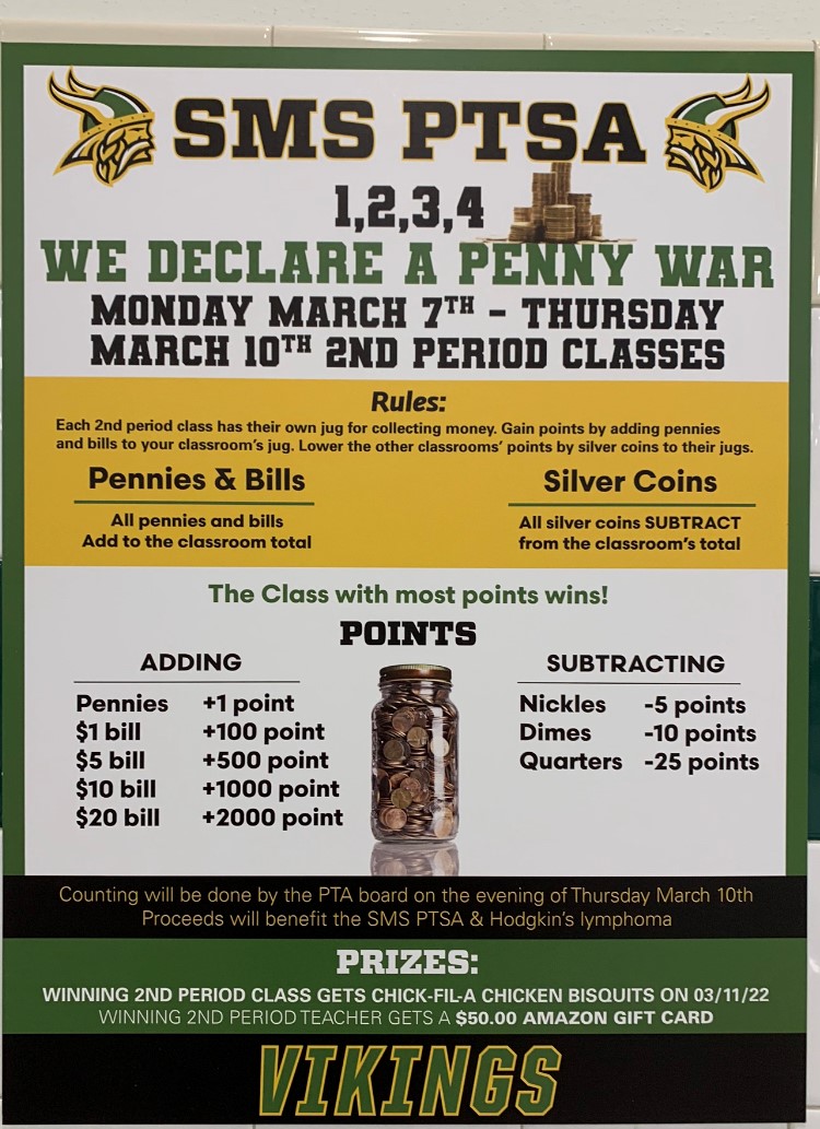Viking Nation
Tomorrow is the last day for Penny Wars.... Don't forget to bring your change. Use your silver coins to sabotage the other classes. The winning class gets Chick Fil-a chicken biscuits on Friday!! Winning teacher gets a $50.00 Amazon gift card.