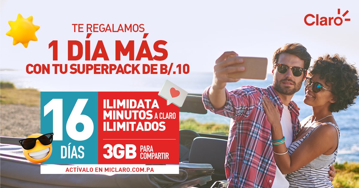📲 Son 16 días, 3GB para compartir y minutos ilimitados a Claro.
👉 Todo esto activando tu Superpack de B/.10 en miclaro.com.pa