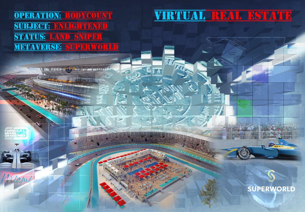 TechMental_'s tweet photo. #BodyCount -- ( Eye👁×👁Spy ) -- 🎯LAND SNIPER
@ "ENLIGHTENED" Taking Pole Position 🏁#MiamiGP by reserving the entire Race Track @f1miami #FORMULA1 @cryptocom #MIAMIGRANDPRIX2022 #VIRTUALAND @superworldapp ⚡️🌐⚡️ R$VP #AR #VR @ https://t.co/lfVvu65SVe ...🏁#VirtualRealestate https://t.co/Sn2yyxNyjq