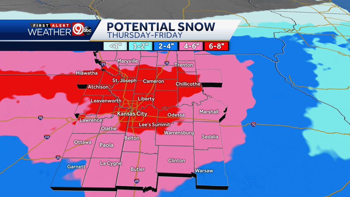 NickBenderKMBC's tweet photo. ❄️❗️Potential snow has increased for Thursday-Friday Winter Storm. 1st round of heavy snow overnight through Thursday morning, and then light to moderate snow during the afternoon. 2nd round of heavy snow Thursday night into early Friday morning. @kmbc #mowx #kswx https://t.co/JnRv8XvEbK