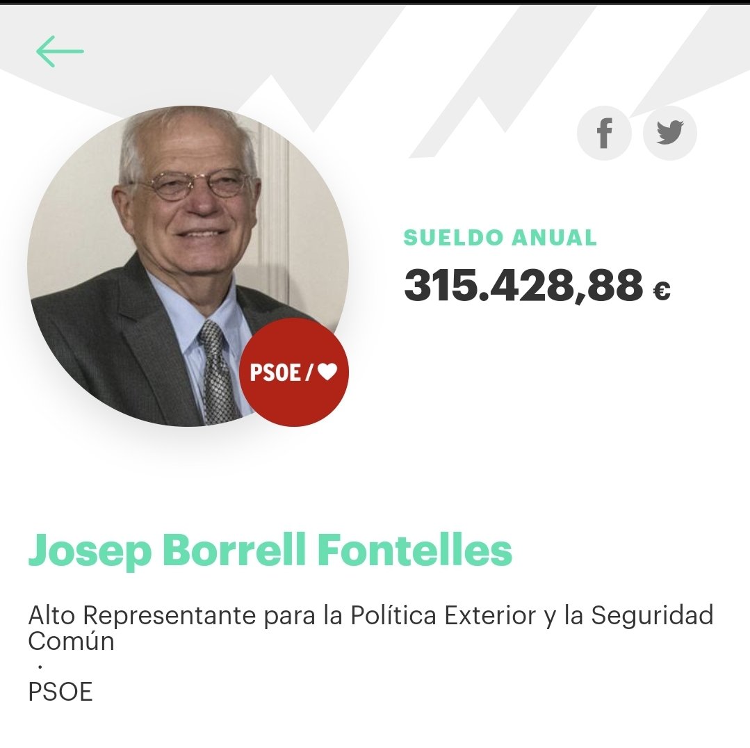 Sin confirmar si el sueldo es 100% real, es vergonzoso la parsimonia con la que se transmite el mensaje desde una posición de desconocimiento y poder. Es representante europeo de España.

#Spain <a href="/JosepBorrellF/">Josep Borrell Fontelles</a>