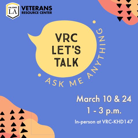 CalStateLAvets's tweet photo. Tomorrow! Hey Students! The Veterans Resource Center is hosting another VRC Let's Talk!, a new collaboration with Counseling and Psychological Services (CAPS)  to provide our military-connected student's information about and access to CAPS. https://t.co/RkImYFjyTp