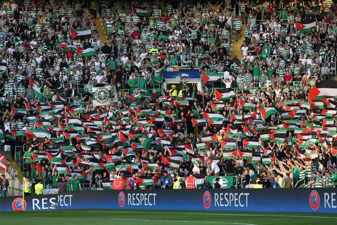 Scottish club Celtic fans criticized UEFA
double standards! 

UEFA launched a solidarity campaign with Ukraine and Ukrainian flags were raised in most European stadiums. Meanwhile, Celtic and its fans were punished for raising Palestine flag on pretext of mixing politics in sport