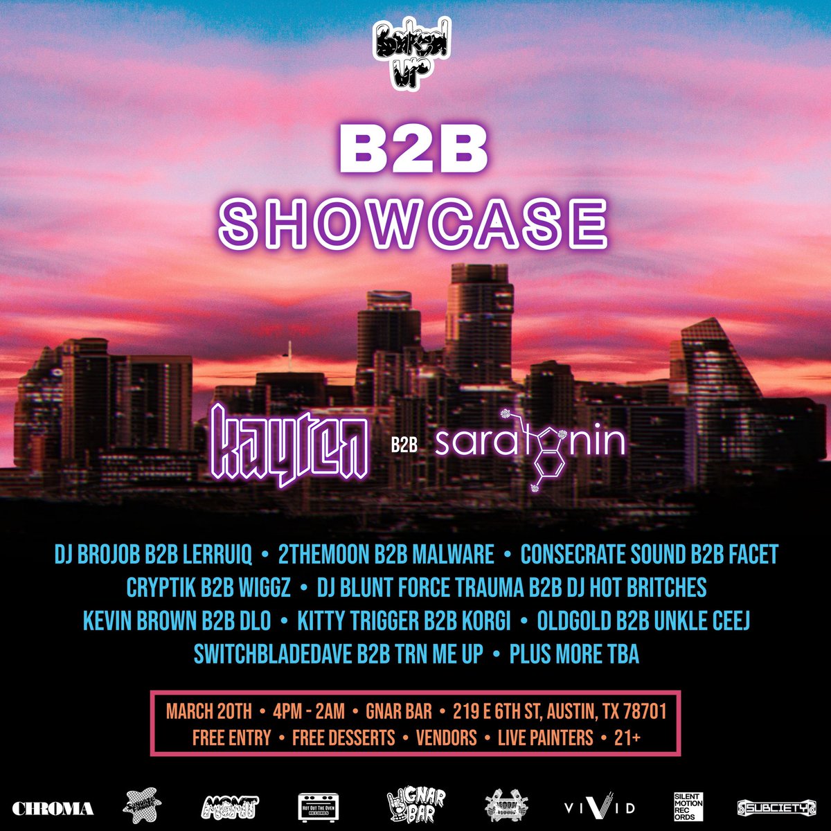 bakedupco's tweet photo. Ending Austin Music Week / SXSW with a BANG! 💥 

Join us at Gnar Bar ATX 3/20 for our annual B2B Showcase from 4PM - 2AM! Free entry + free desserts + vendors + live painters…needless to say it’s gonna go off 😉 

Get ready to party Sugaa Squaad 🍭 https://t.co/In07B5QRyr