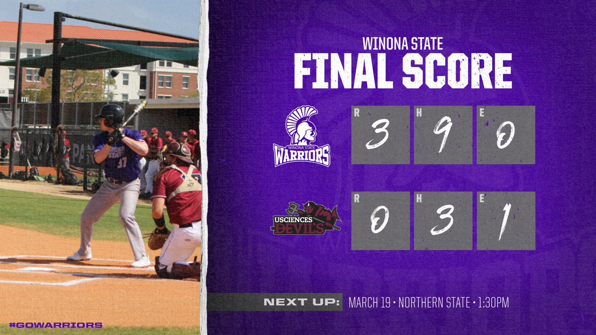 WinonaStateBase's tweet photo. Warriors WIN! Trocke with a solo home run. Kyle Yu with a RBI. Gendron, Platter, Herold and Whittaker with a combined 3-hitter. Herold struck out 12. https://t.co/1YHXINuNWb