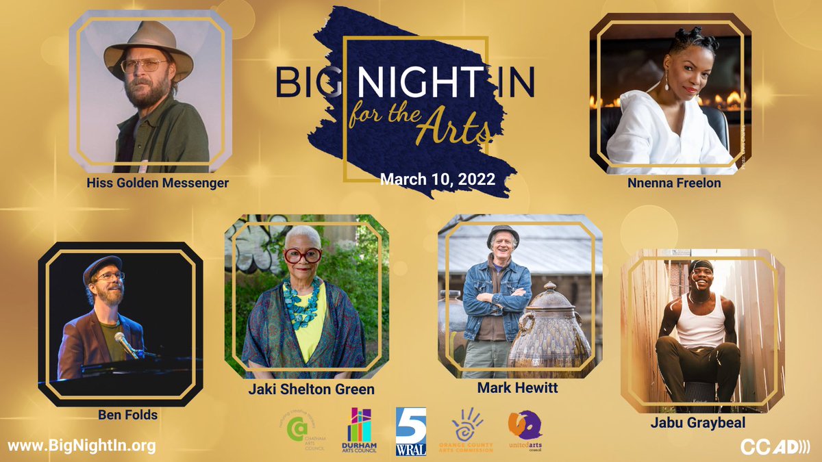 nctheatre's tweet photo. Please join @unitedartscounc &amp; us on March 10 for #BigNightIn for the Arts on @WRAL to celebrate/support our arts community! The evening includes @BenFolds, @OfficialNnenna, @hissgoldenmessenger, @LaureateJaki, @jabuworld, &amp; @HewittPottery. https://t.co/nWZxVLH5Rr #BNI22 https://t.co/Wb29LcUjMc