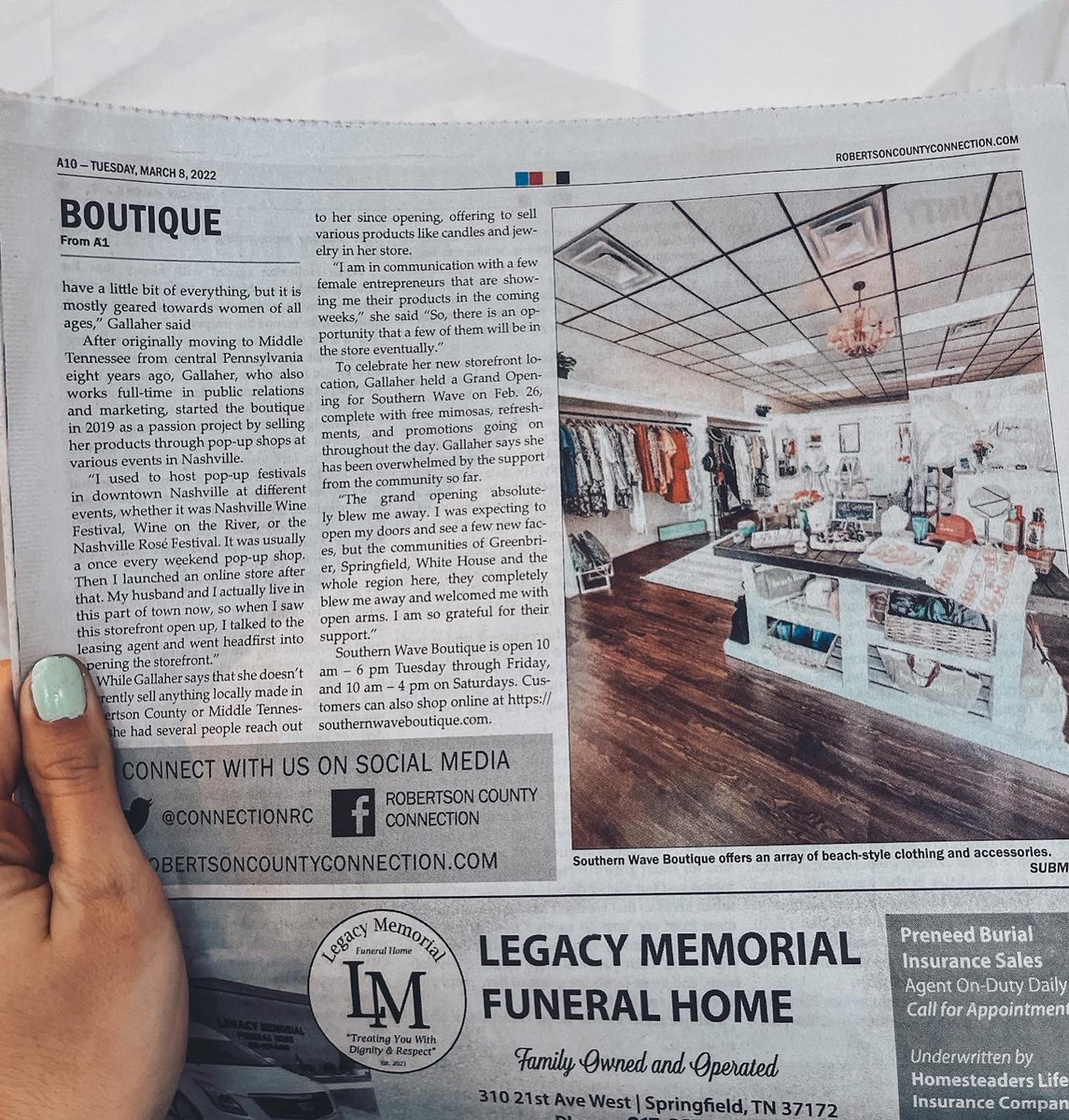 SouthernWaveTN's tweet photo. Did you catch #SouthernWave and owner @MoniGallaher on the cover of @ConnectionRC today?! Shout out to reporter @_tgraves for the wonderful highlight piece.

Beyond humbled by the outpouring of love, thank you! #Thankful #Grandopening #TheConnection #MiddleTN #Boutique #ShopSmall https://t.co/aXxSvLodp7