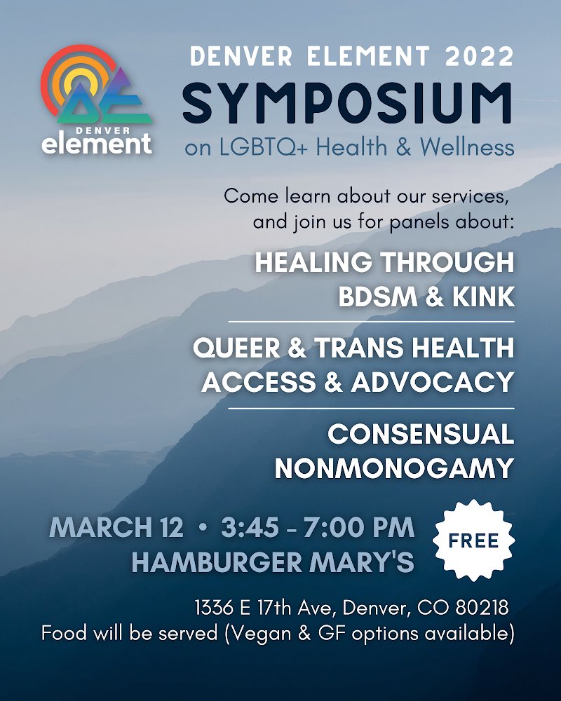 DenverELEMENT's tweet photo. https://t.co/b9401fKKI5 

We're just 3 days out from our Symposium at Hamburger Mary's Denver !!! Come join us for three panels on variety of issues that impact the queer community! BTW its FREE so what's the harm!! Come through Saturday March 12th! https://t.co/SYu2QHeGeh