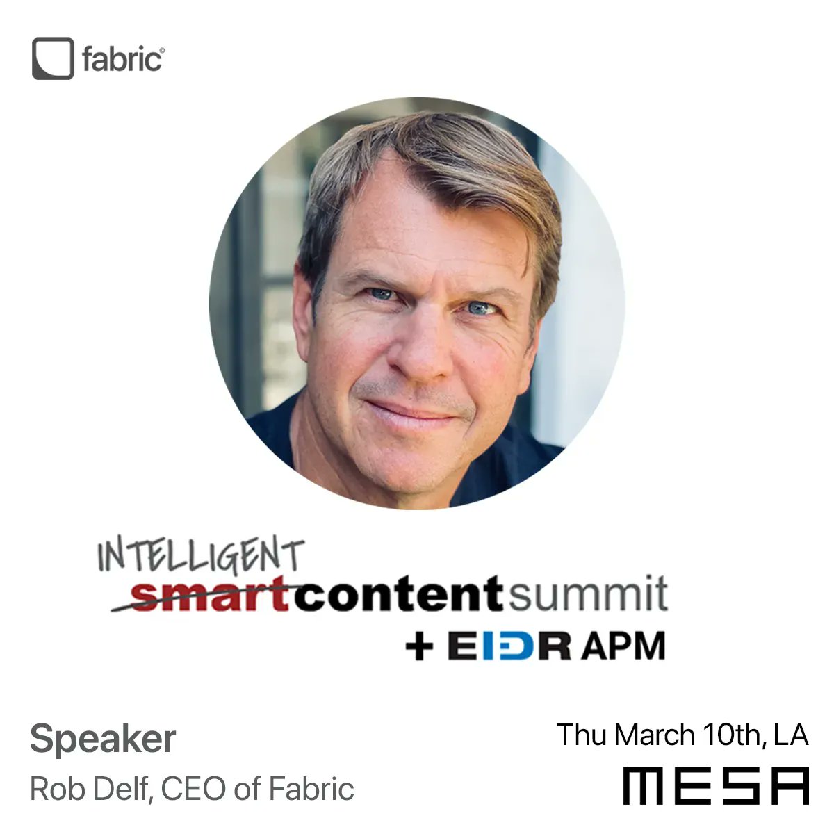 fabricdata's tweet photo. We are proud to announce that Rob Delf, CEO of Fabric and Industry expert, will be appearing as a speaker at the MESA Smart Content Summit + EIDR APM tomorrow.
We hope to see you at the Skirball!
#EIDR #Content #TitleManagement #Speakers #Summit https://t.co/IPkFf9CXKr