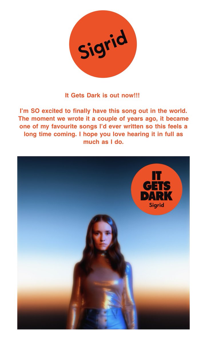 Avatar5991's tweet image. It’s been a while but I’m so excited for new music from @thisissigrid ! Can’t wait to listen to this masterpiece for the first time. #sigrid #thisissigrid #itgetsdark #newmusic