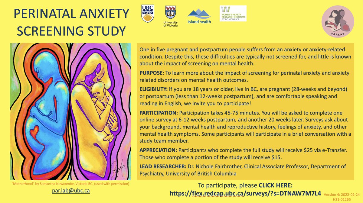 Are you pregnant or have you recently given birth? 🤰👩‍🍼

Do you live in British Columbia? 🌍

We invite you to help us test the effectiveness of screening for anxiety among pregnant and postpartum people! 💫

Survey can be accessed here: flex.redcap.ubc.ca/surveys/?s=DTN…

Please share!