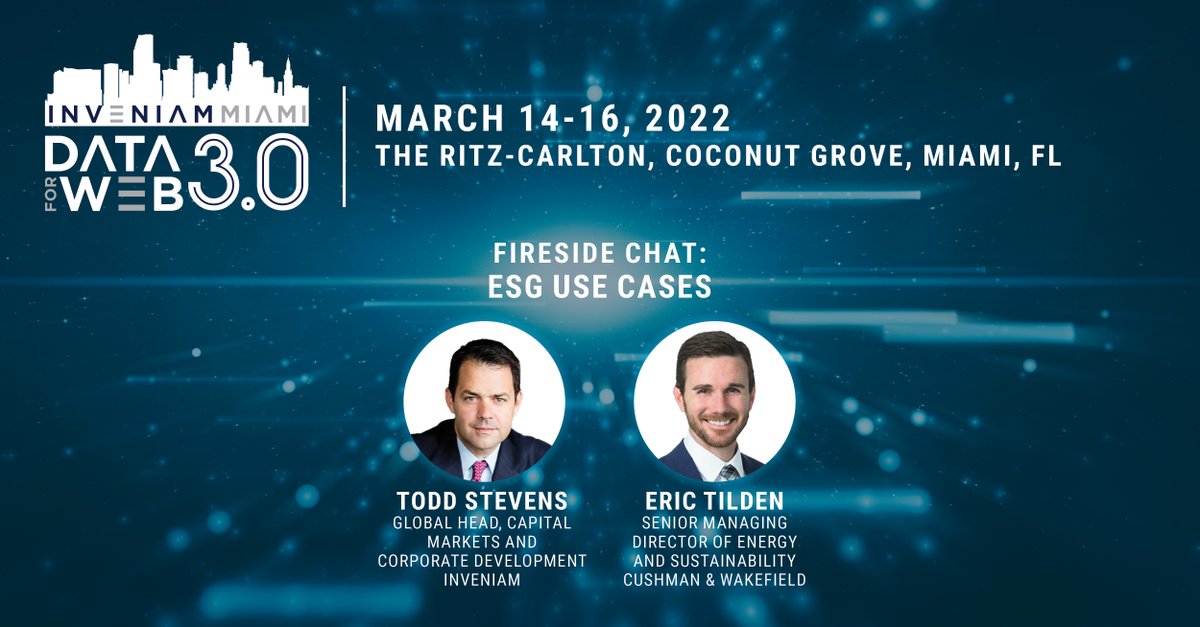 InveniamIO's tweet photo. Cushman &amp; Wakefield, Senior Managing Director of Energy &amp; Sustainability, Eric Tilden and Inveniam, Global Head, Capital Markets &amp; Corporate Development, Todd Stevens take center stage at #Data3ForWeb3 to discuss a key topic--ESG Use Cases. 

Register: https://t.co/dxgOnffpdM https://t.co/xA25FdkqCz