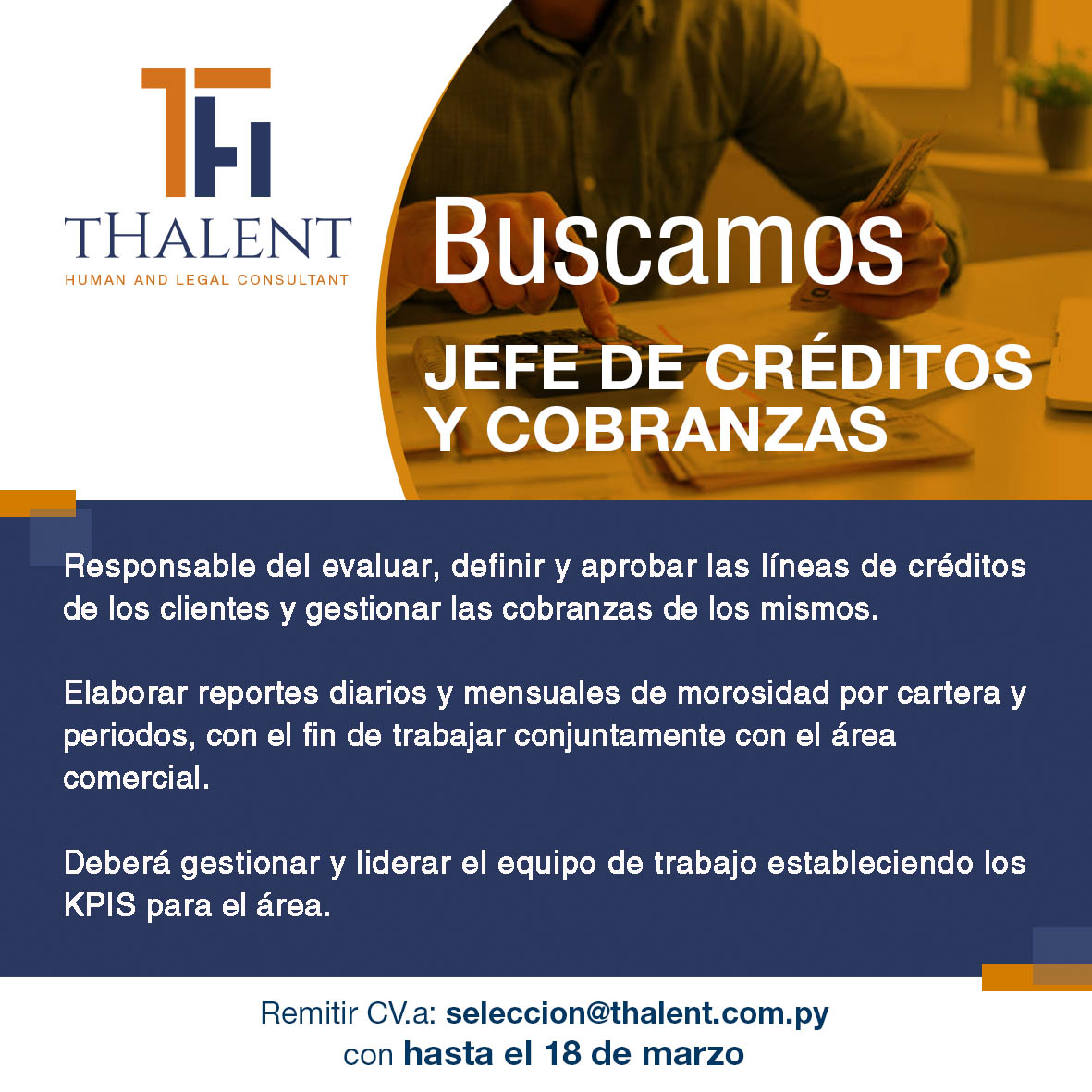 ¡NUEVA BUSQUEDA!📯
¡Esta puede ser tu oportunidad! 

📬Escríbenos HASTA el 18 de marzo a seleccion@thalent.com.py 

#thalentpy #seleccion #oportunidadlaboral