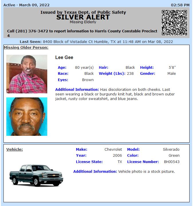 ACTIVE SILVER ALERT for Lee Gee from Humble, TX, on 03/09/2022, TX plate BHJ0543