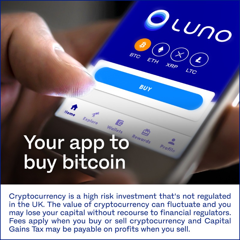 LunoGlobal's tweet photo. #Bitcoin is just a button away with Luno – your simple, safe and easy way to invest in cryptocurrency. 

Get started today 🚀