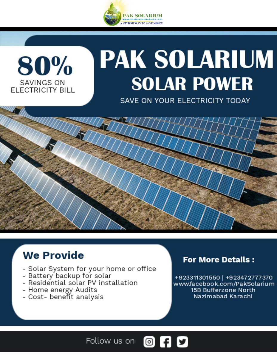 PakSolarium's tweet photo. PAK SOLARIUM
SOLAR ENERGY SYSTEMS
#paksolarium #solarpower #solarenergy #solarpanels  #solutions  #system  #design #Inverex #Fronus #crown #tesla #jinkosolar #trinasolar #longisolar #pheonix #Narada #ABB #SchneiderElectric #opas #Chint #millionsupreme #PakistanCables https://t.co/d49G8EhCxU