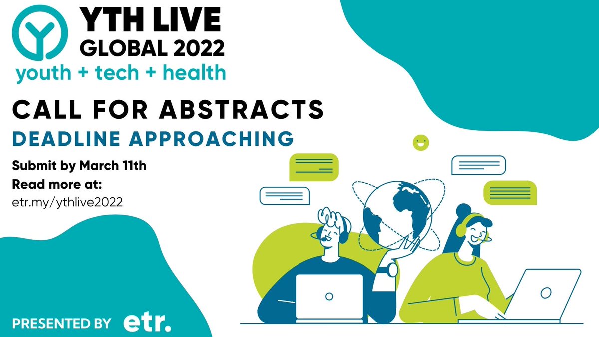 2 DAYS LEFT:

Submit your abstract for YTH Live Global 2022 (<a href="/YTHorg/">YTH</a>) by Friday, March 11th!
Join experts in youth, tech, and health &amp; present at ETR's yearly conference.

If you are using tech to move the needle on youth health, we want to hear from you.

hubs.la/Q015C9xQ0