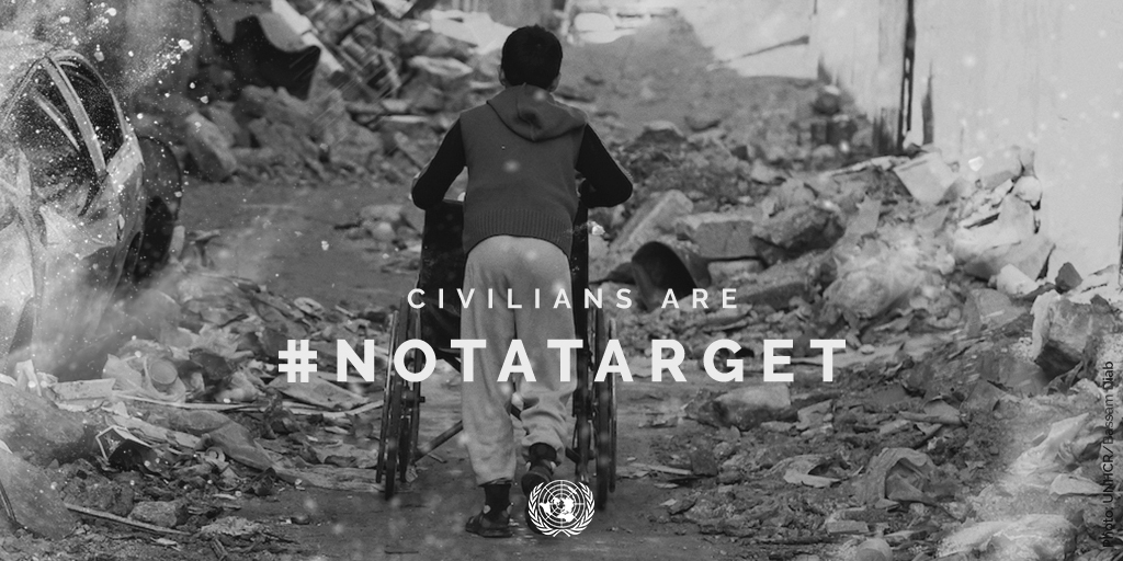 Babies are #NotATarget. 

Children are #NotATarget. 

Civilians are #NotATarget. 

Hospitals are #NotATarger.

Health care workers are #NotATarget. 

Schools are #NotATarget. 

Humanitarians are #NotATarget.