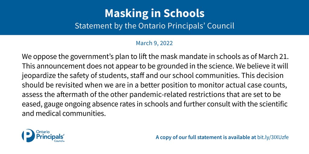 We oppose the government’s plan to lift the mask mandate in schools as of March 21 and believe it will jeopardize the safety of students, staff &amp; our school communities. See our full statement here: bit.ly/3IXUzfe #OPCLeadLearn