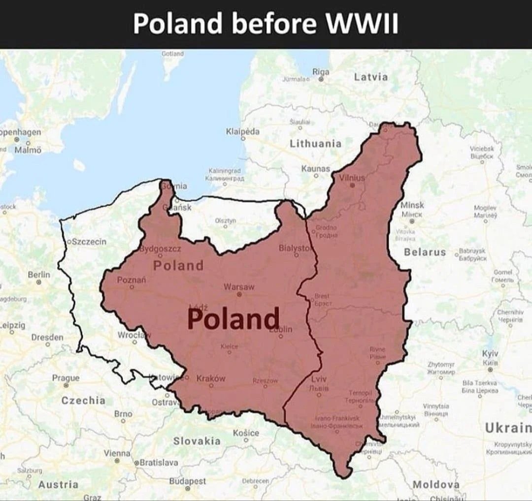 RachelBDrew's tweet photo. @jessekb This map of Poland before/after WWII always blows my mind a little (red area is between wars and black outline is after) https://t.co/zB7wYMZHc5