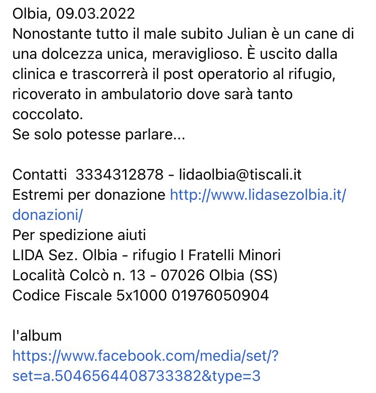 LidaSezOlbia's tweet image. Nonostante tutto il male subito #Julian è un cane di una dolcezza unica, meraviglioso. È uscito dalla clinica e trascorrerà il #postoperatorio al rifugio, ricoverato in ambulatorio dove sarà tanto coccolato. 
lidasezolbia.it/donazioni/

l'album
facebook.com/media/set/?set…