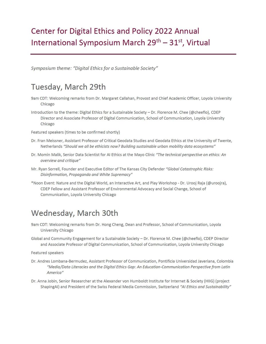 digethics's tweet photo. Registration is now open for our 11th @digethics Annual International Symposium, "Digital Ethics for a Sustainable Society," March 29th-31st online! @Loyola_SOC @LoyolaChicago 
To RSVP: https://t.co/orQpciKwxe https://t.co/uNINh4lAhl