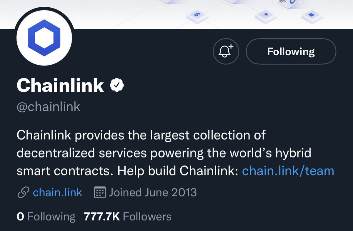 TheCryptoMewtwo's tweet photo. .@chainlink made it to 777.7K followers 🤯 https://t.co/UmhCVm1rLb