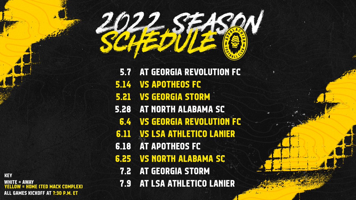 AppalachianFc's tweet photo. Beyond excited for our Sophomore season in NPSL… Here’s our 2022 NPSL Schedule. Few Notes:
🔥 We plan to add some Friendlies to the schedule. Stay tuned.
💛 Individual Tickets will go on sale in April.
🖤 Season Seats are on sale now at https://t.co/cWsJdhbVh9
😍 #Believe2022 https://t.co/eQZ8A1wj6l