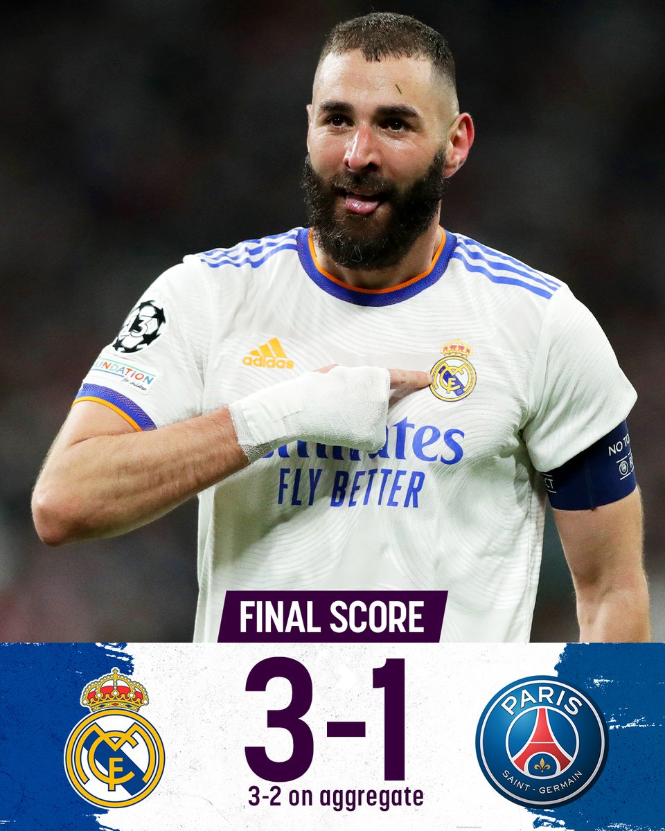 NBCSportsSoccer's tweet photo. Karim Benzema's second-half hat trick turns a 2-0 deficit on aggregate to a 3-2 aggregate win for Real Madrid! #UCL https://t.co/yHl8dmztwY