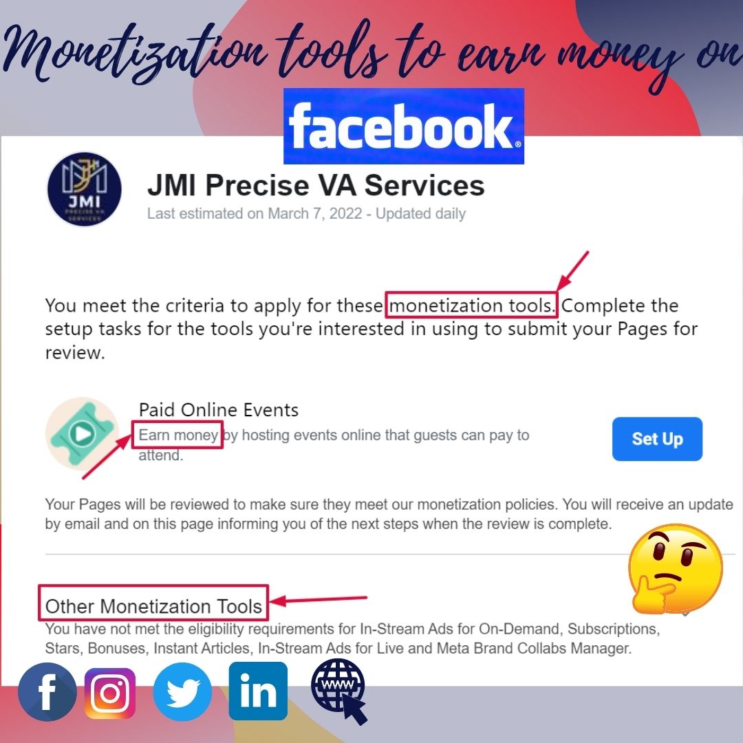 JoeyIlag's tweet image. To make money💲on Facebook, content📝 creators and publishers can employ a range of different monetization tools🛠️. 
#fbmonetization #jmifb 
Do you need help in setting your Facebook page for monetization eligibility? 
Send us a message 
or contact us 👇: 
linktr.ee/JoeyVIlag