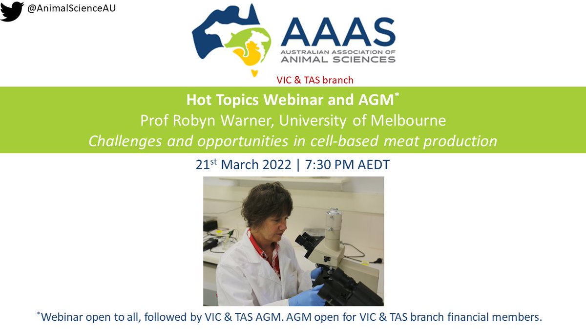 AnimalScienceAU's tweet photo. 'Meat up' with the Vic &amp; Tas Branch for their webinar and AGM- Monday 21st March from 7:30 pm. Branch members can also nominate for positions on the committee. Do we need to 'cell' it to you more? https://t.co/vf3Ye7Kmrw