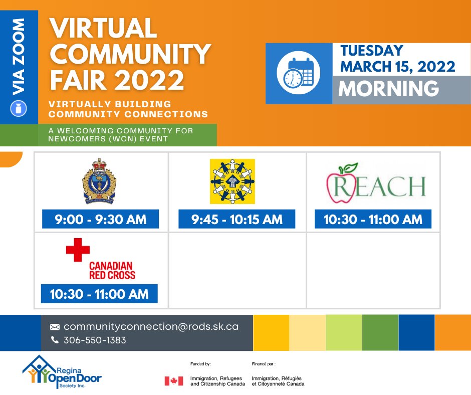 ReginaOpenDoor's tweet photo. Our Virtual community fair 5 days away!
Here is the Tuesday morning lineup: @reginapolice, International Women of Saskatoon, REACH and @redcrosscanada
Learn more and register: https://t.co/Kz2G9zxH1n
#learnfromhome #virtualcommunityfair #immigrationmatters #YQR https://t.co/BiFhZe6xYq