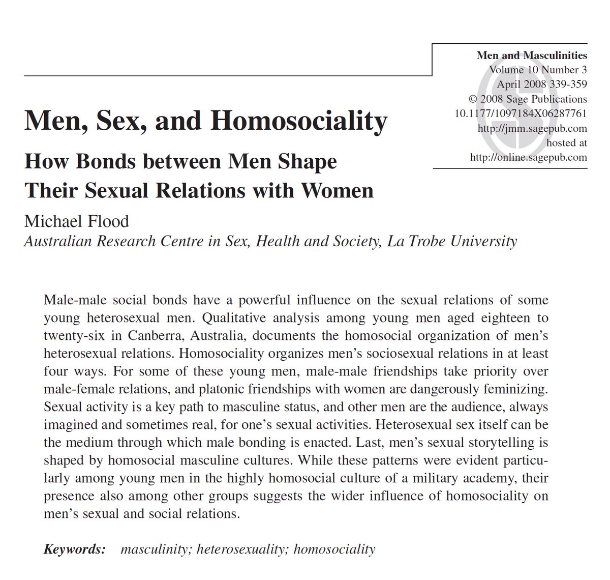 Research among young heterosexual men: Male-male bonds shape men’s sexual relations with women, in 4 ways. (1) Male friendships take priority. ‘Bros before hos’. Friendships with women as feminizing. (2) Sex a key path to masculine status. Article: xyonline.net/content/men-se…