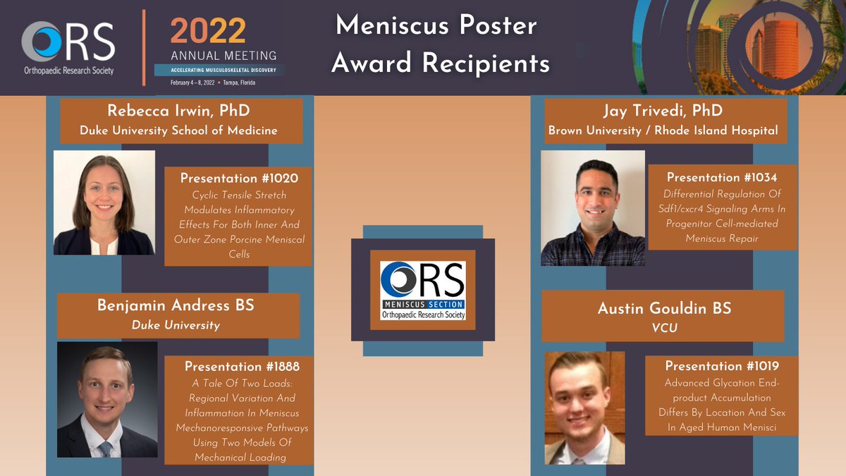 Congratulations to all FOUR <a href="/OrsMeniscus/">ORS Meniscus</a> Section Poster Award Recipients at #ORS2022! We apologize for missing Benjamin &amp; Austin in our initial post.
Find their abstracts here: ors.org/abstract-searc…

&amp; Join the Research Section here!
ors.org/meniscus-secti…