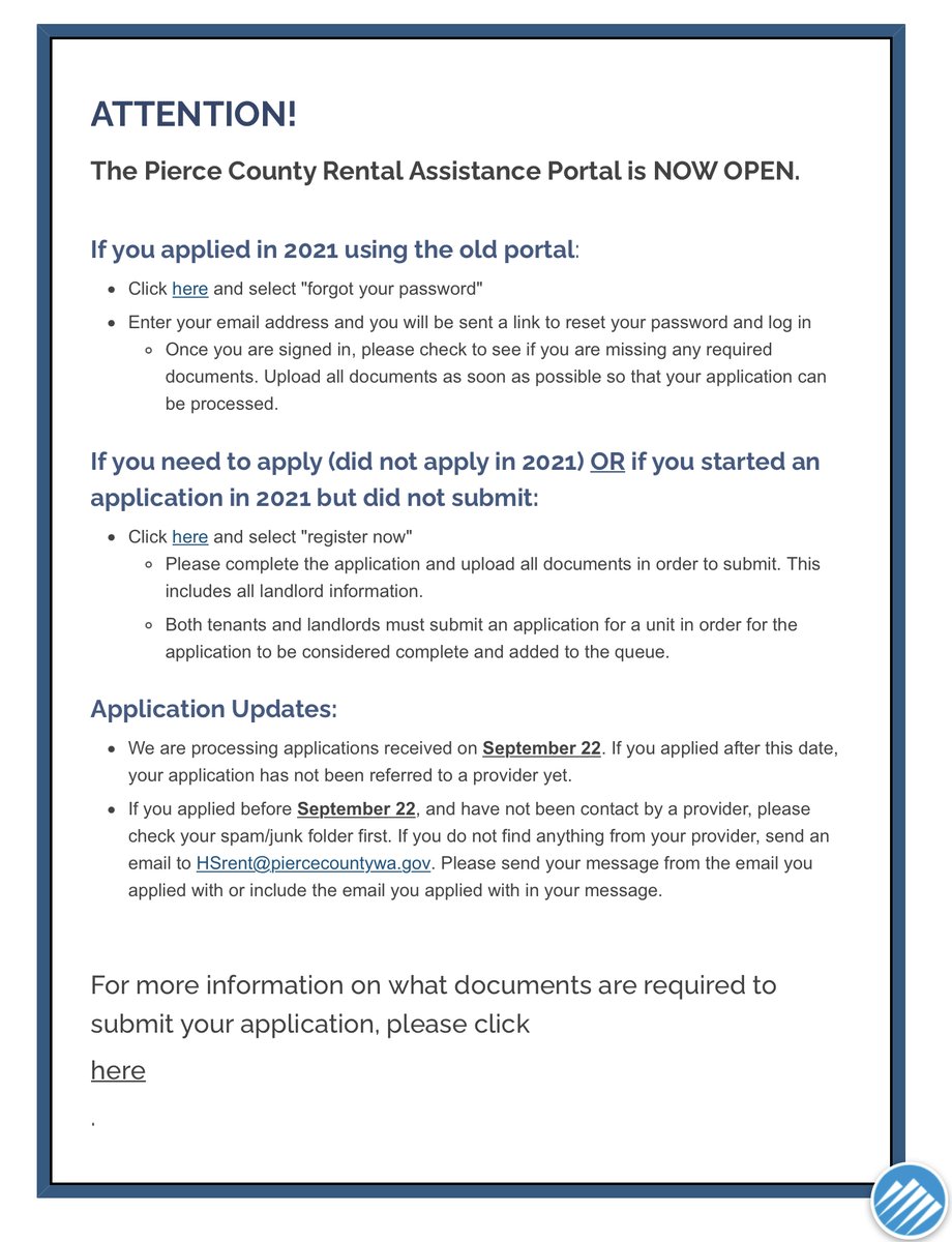 The Pierce County Rental Assistance Portal is open once again! If you need assistance, visit piercecountywa.gov/7142/Rental-As… to see if you qualify to receive help!