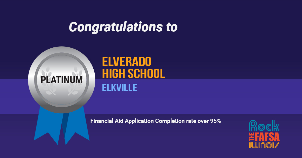 ISBEnews's tweet photo. Congratulations 👏 to Elverado High School  for receiving the @ISACFinAid Platinum Medal! 

The FAFSA filing window is open &amp; completion is a graduation requirement. #ISACCanHelp students rock the FAFSA with a free workshop. Email Abel.Montoya@illinois.gov to schedule. https://t.co/MY4wg1UyS0