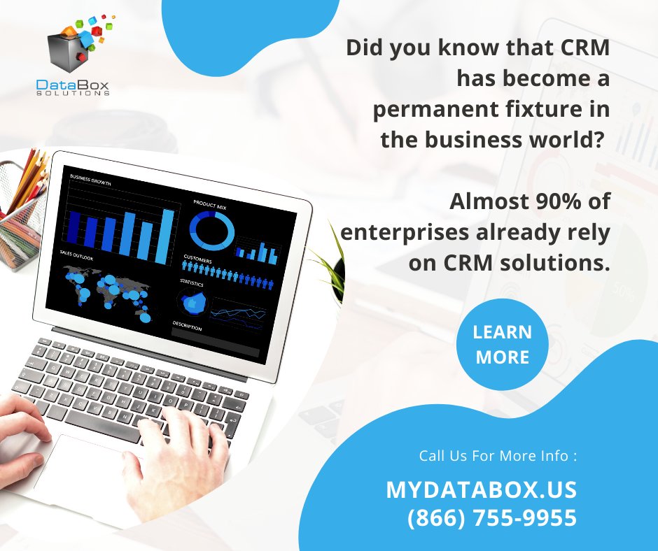 DataboxS's tweet photo. Did you know that CRM has become a permanent fixture in the business world? Almost 90% of enterprises already rely on CRM solutions.
Call DATABOX SOLUTIONS at (866) 755-9555 
Visit us at https://t.co/UZ581pfRRY
Get offers - https://t.co/Dnbl4TOZcB https://t.co/xNe3tWbyyM