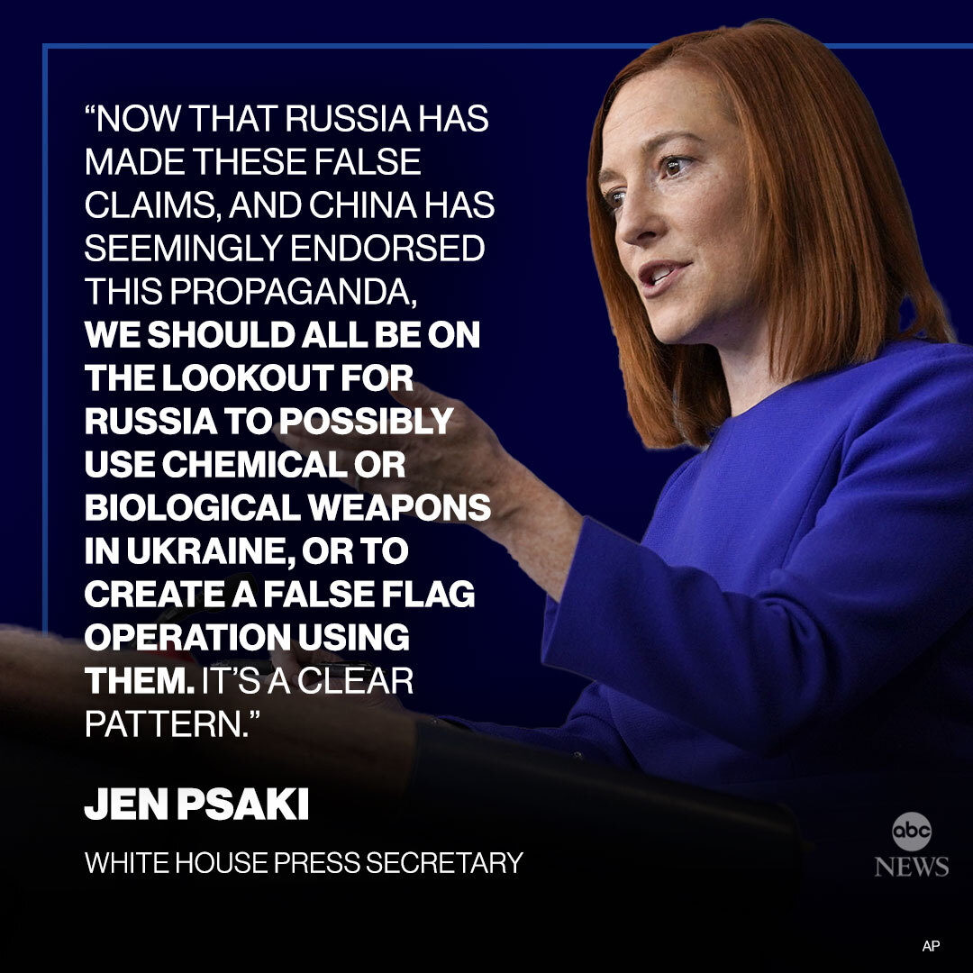 ABC's tweet photo. LATEST: Russia could use chemical or biological warfare as it escalates its attack on Ukraine, White House press secretary Jen Psaki says in a statement to @ABC News. https://t.co/c5s6qKCT9X https://t.co/kTU0NdWkOx