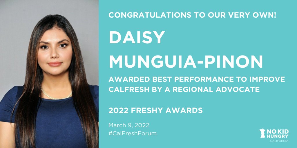 A big congratulations to our Associate Director, Daisy Munguia-Pinon, who was just awarded at <a href="/Nourish_CA/">Nourish California</a>'s Freshy Awards for best performance to improve #CalFresh by a Regional Advocate! TY for all that you do for kids and their families! 👏🥳👏