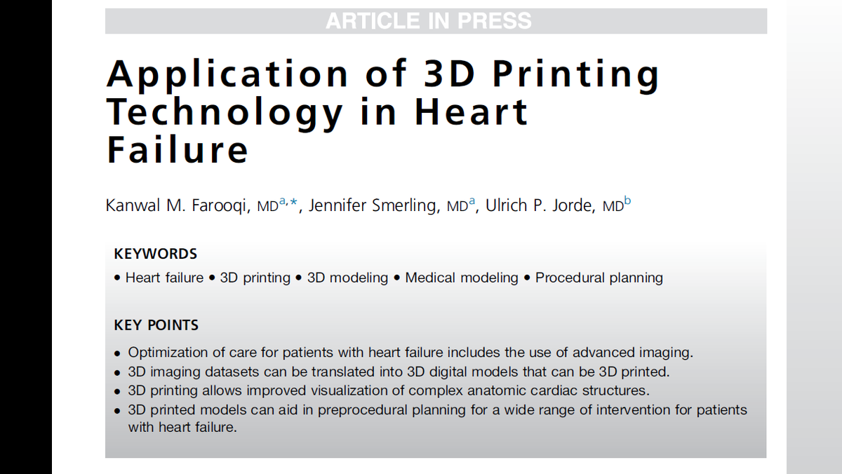 Thank you @ditchhaporia & @RRBaligaMD for the opportunity to contribute 'Application of #3DPrinting Technology in #HeartFailure' @Cardio_Clinics 
Click👇for FREE access to the article until 03/23. 
@ACCinTouch @UlrichJordeMD @KidsAtColumbia 
authors.elsevier.com/a/1ehDh5WqPxB4…
#cardiotwitter