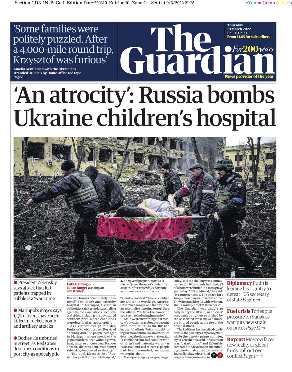 Guardian front page, Thursday 10 March 2022: 'An atrocity': Russia bombs Ukraine children's hospital