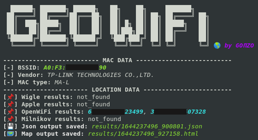 elhackernet's tweet photo. GeoWifi busca datos de geolocalización WiFi por BSSID y SSID en diferentes bases de datos públicas 
https://t.co/c1cnkTSv4f
Vía @KitPloit https://t.co/SnpJnLyOoR