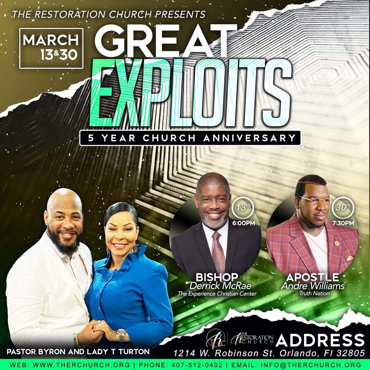 TheRChurch's tweet photo. We are excited to celebrate 5 years as The Restoration Church and we would love for you to celebrate with us. Come out as we honor our visionaries @PastorByron3 and @LadyTurton with special guests Bishop @derricklmcrae and Apostle @andrealanwilliams. 𝐆𝐑𝐄𝐀𝐓 𝐄𝐗𝐏𝐋𝐎𝐈𝐓𝐒 https://t.co/NGWojCt2Pc