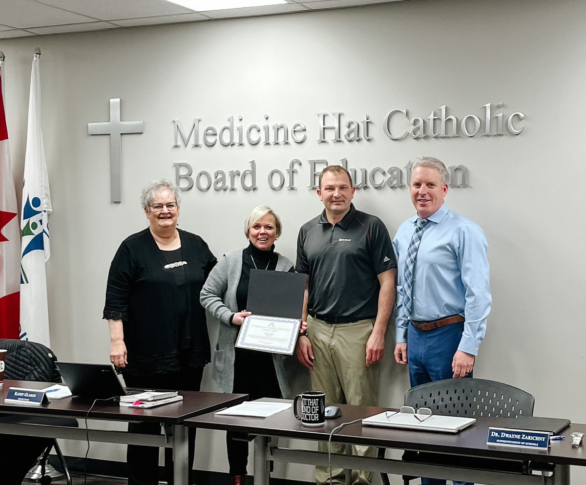MHCatholic's tweet photo. Last night at the Public Board Meeting, the Board of Trustees recognized Kim Rae, @NotreDame_MH teacher, as our 2022 Excellence in Catholic Education Award winner. Congratulations Kim!

Read the full story in the Medicine Hat News: https://t.co/YZPq8Nzr8X #IBelieveInCatholicEd https://t.co/7T2kklnAWe