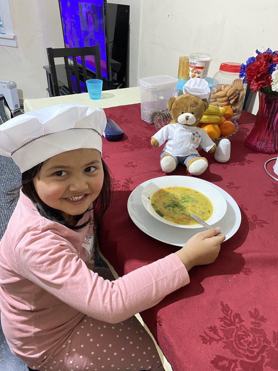 MissMachray's tweet photo. Week 2 with Halli Bear was following a recipe to prepare a delicious vegetable soup 🥕 fantastic to see some photos of the children enjoying this activity at home ✨ @HaghillTeam @TheHFGlasgow https://t.co/3CgofYjvxp